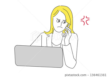 Business line drawing illustration of a woman with an angry expression answering the phone in front of a computer Business line drawing illustration of a woman with an angry expression answering the phone in front of a computer 136461381