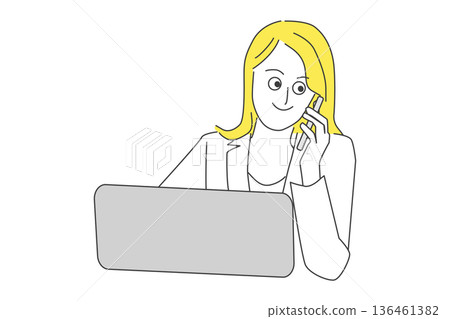 Business line drawing illustration of a woman answering the phone in front of a computer Business line drawing illustration of a woman answering the phone in front of a computer 136461382