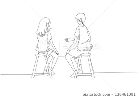 Continuous One Line Drawing of a Couple Sitting and Talking Together eps10 136461391