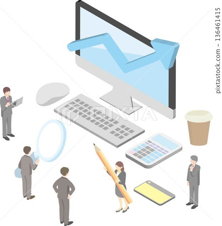 等距視角商務辦公桌和團隊：商務人士、電腦和上升箭頭的等距視角元素 136461415