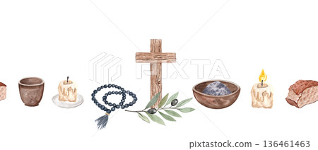 Wooden cross, rosary, bowl of ashes, candle, bread, olive branch seamless horizontal watercolor border on white with copy space perfect for for Lent church designs. White background. Christian symbols Wooden cross, rosary, bowl of ashes, candle, bread, olive branch seamless horizontal watercolor border on white with copy space perfect for for Lent church designs. White background. Christian symbols 136461463