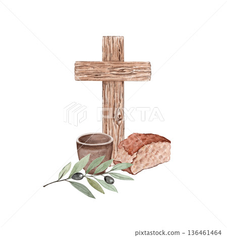 Wooden cross with bread, clay cup and olive branch watercolor illustration on white background. Religious composition, copy space, suitable for Lent designs, banners, posters, spiritual publications 136461464