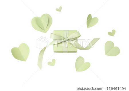 A refreshing green gift box surrounded by heart shapes, isolated, PNG 136461494