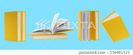 Yellow books with blank pages on blue background 136461525