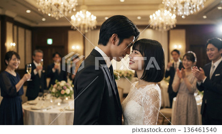 Profile of a Japanese bride and groom looking at each other and touching foreheads at a wedding reception party venue 136461540