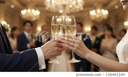 Close-up of the bride and groom clinking champagne glasses to toast at a wedding reception 136461544