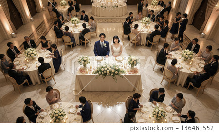 從空中俯瞰，一對日本新郎新娘坐在豪華婚宴場地的高砂椅上，賓客們圍坐在圓桌旁。 136461552