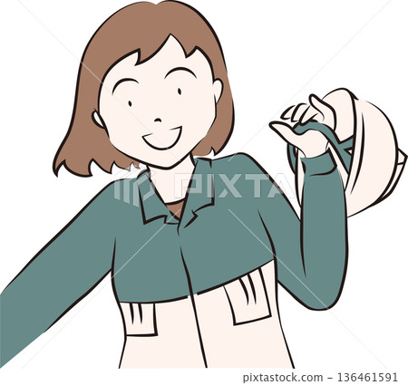 Illustration of a woman wearing work clothes and a helmet, blue uniform Illustration of a woman wearing work clothes and a helmet, blue uniform 136461591