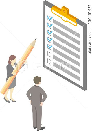 Isometric checklist with businessmen and women. Task completion, confirmation work, progress management Isometric checklist with businessmen and women. Task completion, confirmation work, progress management 136461675