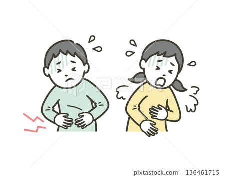 一名男孩因諾羅病毒或食物中毒而胃痛,一名女孩嘔吐。 一名男孩因諾羅病毒或食物中毒而胃痛,一名女孩嘔吐。 136461715