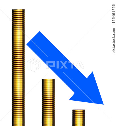 向下堆疊的金幣和一個藍色箭頭 136461766