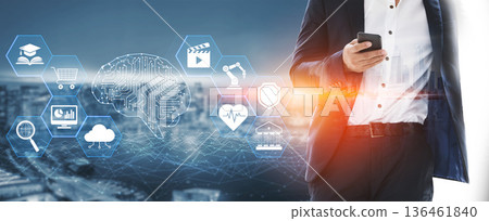 Modern Professional Using Smartphone with Digital Icons Representing Technology, Data, and Future Innovations in Urban Background Quark 136461840