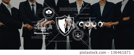 Business professionals standing together, showcasing teamwork, collaboration, strategy, and cybersecurity with digital security elements in the background Trope 136461871