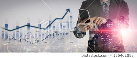Businessman using smartphone to analyze financial growth and data trends with cityscape background showcasing investment opportunities and increasing profits Scalp 136461892