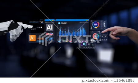 Futuristic Digital Interface with AI and Data Visualizations for Tech Innovations, Analytics, Business Intelligence, and Machine Learning Solutions Synapse 136461893