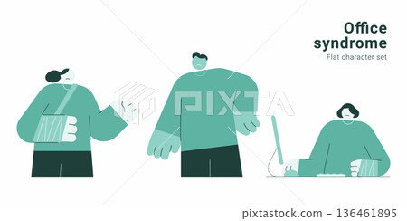 Office syndrome character set with people experiencing pain and injury from computer work. Flat design vector collection for workplace health, ergonomics and wellness concepts. Office syndrome character set with people experiencing pain and injury from computer work. Flat design vector collection for workplace health, ergonomics and wellness concepts. 136461895