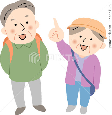 一對老年夫婦抬頭微笑 一對老年夫婦抬頭微笑 136461980
