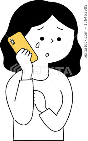 黑白畫面中，一位女子一邊哭泣一邊使用智慧型手機。 136461985