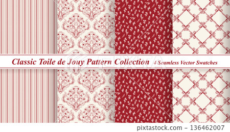 紅色 Toile de Jouy 圖案套裝 - 溫暖傳統的聖誕節和情人節背景 136462007