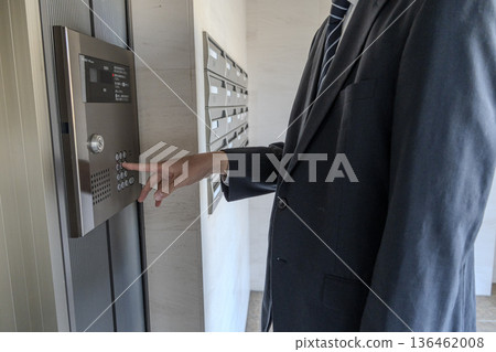 Man pressing an elevator button Man pressing an elevator button 136462008
