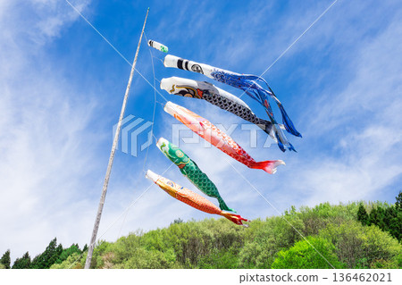 鯉魚飄帶游泳在藍天 鯉魚飄帶游泳在藍天 136462021