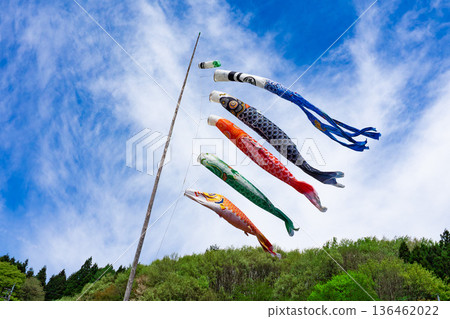 鯉魚飄帶游泳在藍天 136462022