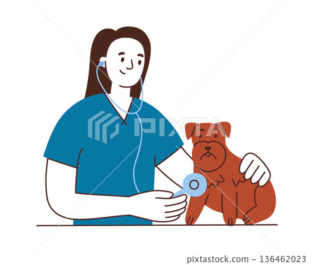 Female veterinarian examining schnauzer or terrier with stethoscope during clinic visit. Flat cartoon vector illustration about pet health check, veterinary care, animal treatment, dog clinic Female veterinarian examining schnauzer or terrier with stethoscope during clinic visit. Flat cartoon vector illustration about pet health check, veterinary care, animal treatment, dog clinic 136462023