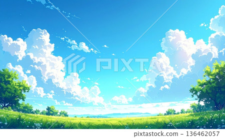 鬱鬱蔥蔥的草地，籠罩在無垠的藍天和潔白的雲朵之中，景色壯麗！夏日裡令人懷念的戶外美景。 136462057