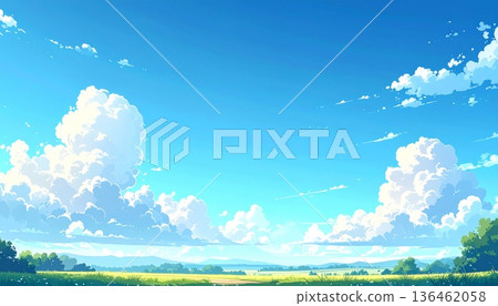 鬱鬱蔥蔥的草地，籠罩在無垠的藍天和潔白的雲朵之中，景色壯麗！夏日裡令人懷念的戶外美景。 136462058