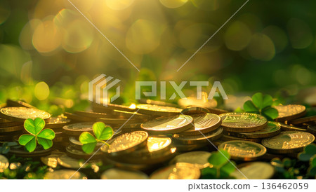 Golden coins and four-leaf clovers on a sunlit table with blurred background 136462059