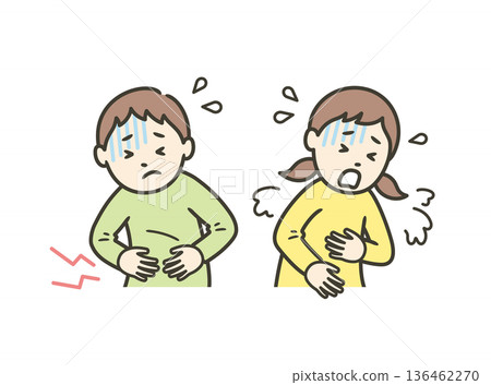 A boy with stomach pain due to norovirus or food poisoning and a girl vomiting 136462270