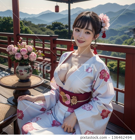 在春日的陽光下。身著振袖和服，面帶微笑，擺出姿勢。 136462494
