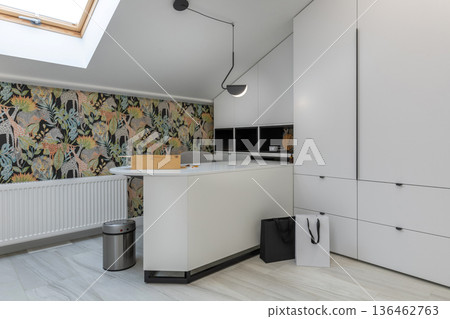 Contemporary Attic Home Office with Minimalist White Furniture 136462763