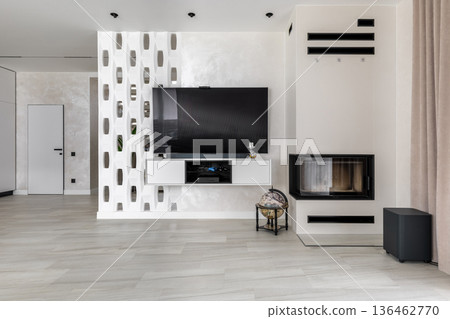 Modern Living Room Interior with TV Zone and Fireplace 136462770