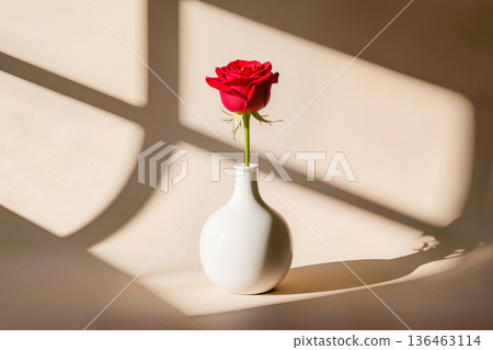 Single red rose in white ceramic vase with window shadows on wall. 136463114