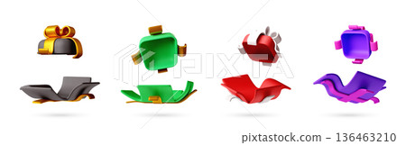 3D Several opened gift box with bow design. 3D Several opened gift box with bow design. 136463210
