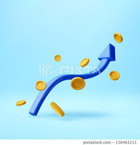 3D Blue wavy arrow and gold coins 136463211