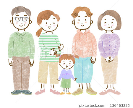 三代同堂家庭的插圖：一對懷孕的夫婦、他們的小女兒和他們的祖父母。 136463225