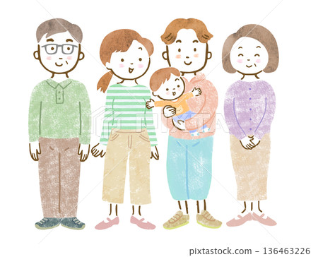Illustration of a three-generation family: mom and dad holding a baby, grandparents 136463226