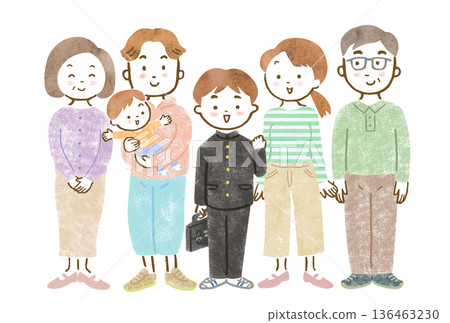 一幅三代同堂家庭的插圖：爸爸媽媽抱著嬰兒，哥哥穿著校服，還有祖父母。 136463230