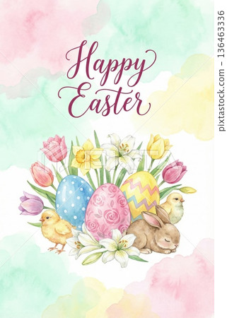 eggs and spring flowers watercolor drawing. Minimalistic style easter card eggs and spring flowers watercolor drawing. Minimalistic style easter card 136463336