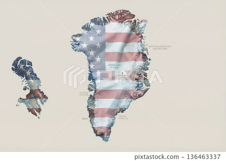 Grenland iceland shape coveren with transparent usa flag on solid background Grenland iceland shape coveren with transparent usa flag on solid background 136463337