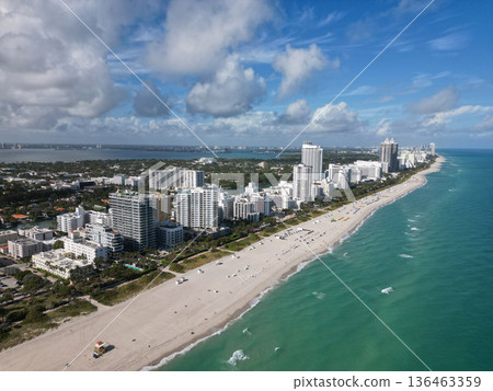 Sea beach seashore and coastline. Summer vacation in Miami, Florida. Sea vacation on beach. Aerial marina view. Beach vacation. Coastline of Miami. Miami south beach aerial view 136463359