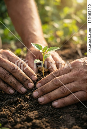 human hands planting a tree seedling in ground. Ecology and earth day concept 136463420