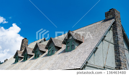 House rooftop with nobody. Roof tiles architecture. Architectural grey rooftop exterior. Rooftop with windows. Roof of the house House rooftop with nobody. Roof tiles architecture. Architectural grey rooftop exterior. Rooftop with windows. Roof of the house 136463480