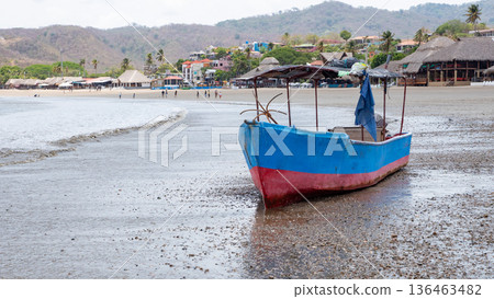 San Juan del Sur, Nicaragua - May 09, 2019: Wooden fishing boat. Copy space. Fishing boat. Wanderlust and travel. Fishing on boat. Travel vacation on summer. Travel destination. True wanderlust San Juan del Sur, Nicaragua - May 09, 2019: Wooden fishing boat. Copy space. Fishing boat. Wanderlust and travel. Fishing on boat. Travel vacation on summer. Travel destination. True wanderlust 136463482