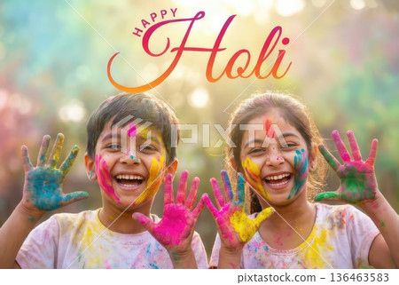 Happy children with painted faces portrait. Happy HOLI celebration 136463583