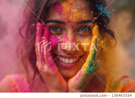 young indian woman with painted face during Holi Festival in India. 136463584