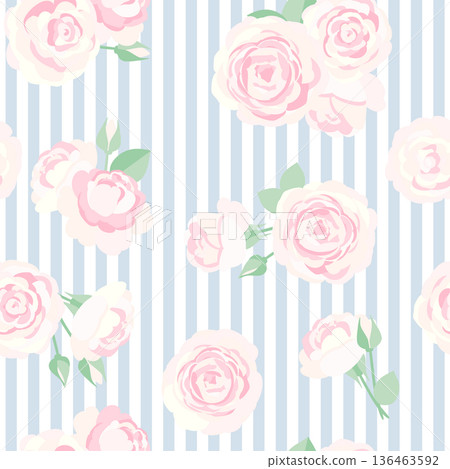 Retro seamless pattern with pink roses on a light blue striped background Retro seamless pattern with pink roses on a light blue striped background 136463592