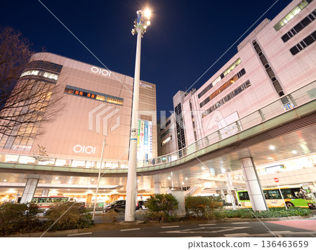 Night view and commercial buildings at the west exit of Kitasenju Station, Tokyo 136463659